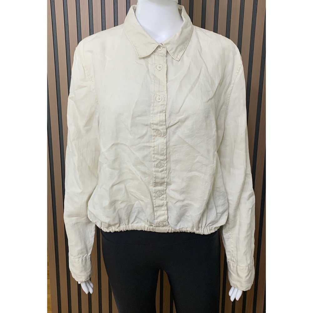 Quince Linen Long Sleeve Elastic Hem Button Down Shirt Beige Oatmeal Womens 1X